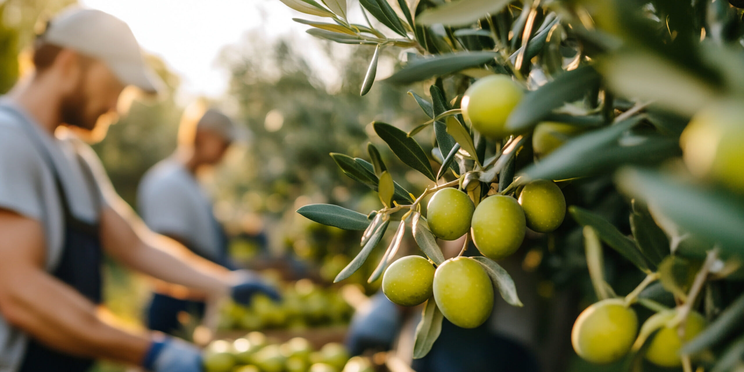 Workers Harvest Olives in Sunlit Grove During Warm Evening Hours While Sun Rays Shine Through the Trees