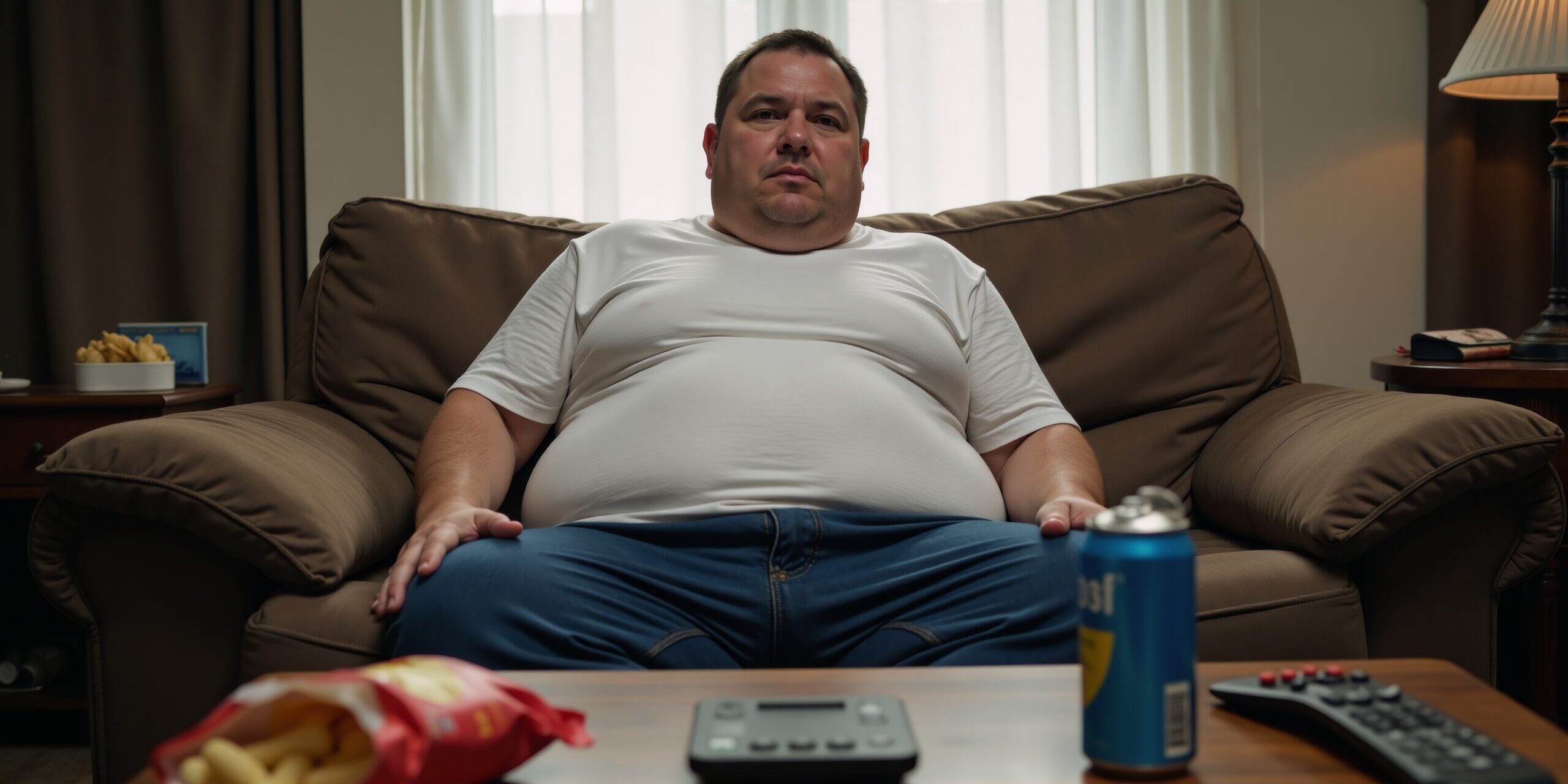 Obese man seated on couch with poor posture due to unhealthy TV-watching lifestyle